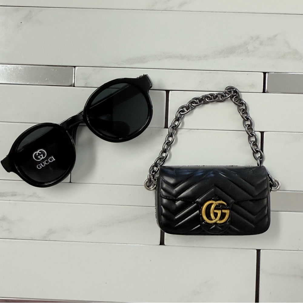Stylish designer inspired  Black Sunglasses and Quilted Mini Bag for Labubu